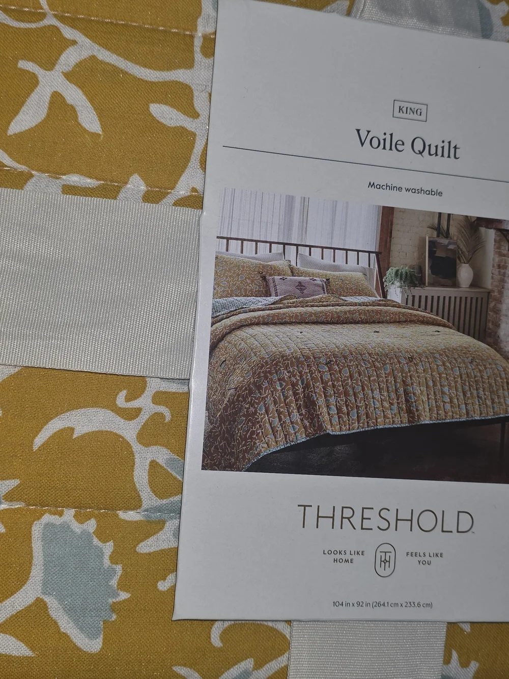 Threshold Mustard Yellow Quilted Floral Bedspread with Light Blue Accents